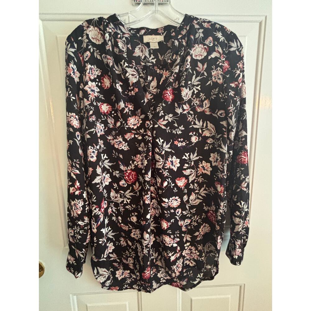 LOFT Outlet Floral Blouse Women’s XS Black Red Pink Long Sleeve Top